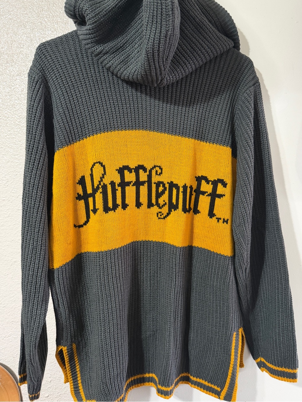 LG Women's Gray and Gold V-Neck Hooded Knit Sweater